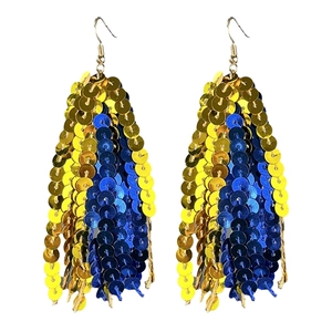 Sparkly gold and blue sequin fringe earrings for sports fans and celebrations