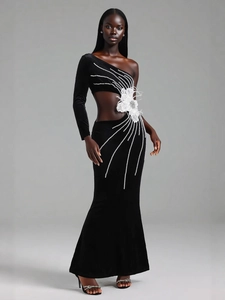 Robe De Soirée Élégante En Velours À Une Épaule Robe Longue Sirène Avec Fleurs 3D Künstliche Perles Strass Découpée Sexy Slim Fit