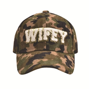 Macro view of WIFEY chenille letter patch on camouflage corduroy baseball cap