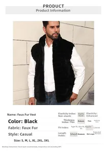 Detail view of men's black faux fur vest with zipper and sizing chart for casual winter wear