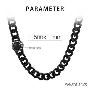 Macro detail of 11mm black CNC paved rhinestone Cuban chain link necklace with size specs