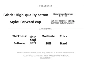 Size chart for vintage cotton flat cap showing dimensions 57-61cm and material specs