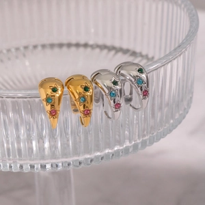 U-shaped zircon star earrings in gold and silver finish with colorful gemstones