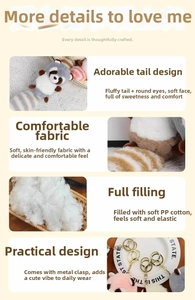Detail view of plush raccoon keychain with soft fabric and durable metal ring