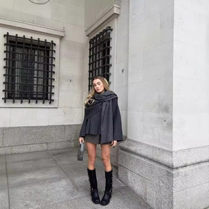 Women's dark grey oversized knit shawl cardigan and skirt set for autumn street style
