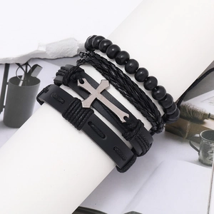 Men's retro black leather multilayer bracelet set with silver cross pendant charm