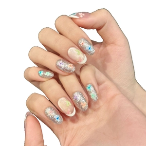 Floral cat-eye press-on nails with colorful 3D flowers and silver glitter french tips