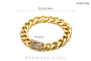 Detail of a 13mm gold stainless steel Cuban chain bracelet with rhinestone clasp and specs
