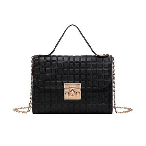 Chic black textured crossbody bag with gold twist lock and elegant chain strap