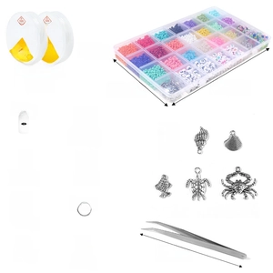 Detailed 24-grid DIY bead kit with glass beads, letter charms, elastic cords and tweezers