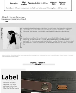 Size chart for flat top cadet hat showing head circumference 55-57.5cm and dimensions