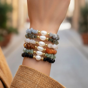 Handmade Bracelet Natural Stone Chip Freshwater Pearl Gold Plated Adjustable Bolo Clasp Boho Chic Jewelry For Women