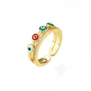 Golden adjustable ring with colorful evil eye enamel and micro-pave zirconia crystals