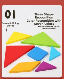 Detail of seven colorful wooden tangram blocks showing geometric shapes for early learning