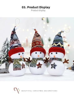Close-up of three plush Christmas snowmen with knitted geometric hats and star patches