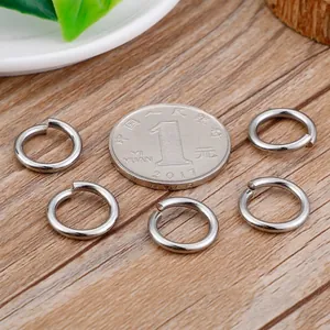 Polished stainless steel jump rings for DIY jewelry making shown with a reference coin