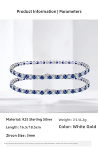 Macro detail of 925 sterling silver tennis bracelets with blue and white zircons
