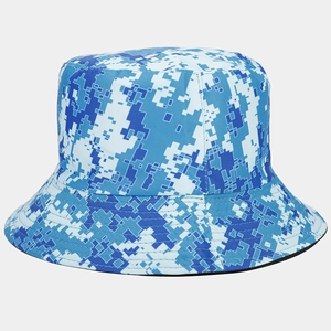 Detail of the blue digital camouflage pattern and sturdy stitching on this bucket hat