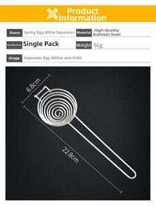 Macro view showing spring stainless steel egg white separator with size and weight info