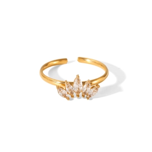 Macro shot of 18K gold plated bow ring featuring marquise-cut stones in a crown setting