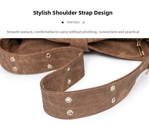 Detail of a brown canvas shoulder strap featuring double rows of gold metal eyelets
