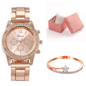 Set orologio donna lussuoso in oro rosa con strass, bracciale stella e confezione regalo