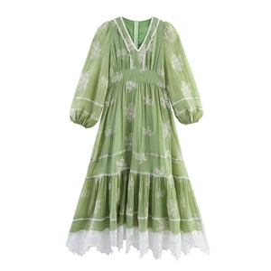 French Style V Neck Long Lantern Sleeve Maxi Dress With Embroidery And Lace Trim Elegant Bohemian High Waist Dress