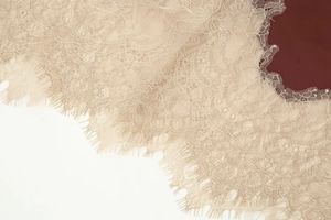 Macro shot of elegant champagne lace with wine red satin fabric and eyelash trim detail