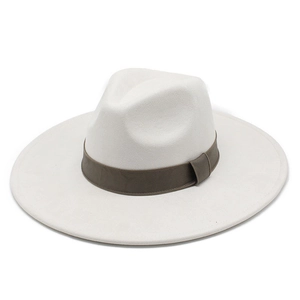 Top view of a beige felt fedora hat featuring a brown fabric band on clean white background
