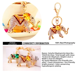 Detailed view of rhinestone elephant keychain with gold alloy finish and colorful enamel