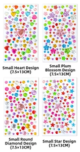 Macro shot of colorful self-adhesive rhinestones in heart, flower, star and round shapes