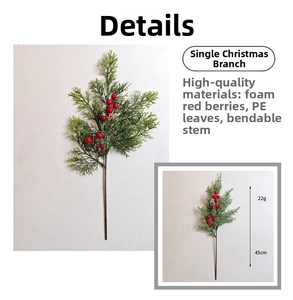 Close-up of frosted artificial pine needles with red berries and 45cm size detail