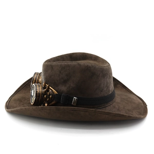Detail of steampunk brown suede cowboy hat with vintage goggles and metallic gear accents