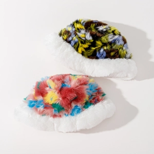 Colorful Patchwork Faux Fur Bucket Hat Thick Plush Fisherman Cap Warm Winter Windproof Outdoor Headwear For Women