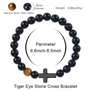 Tiger eye and matte onyx beaded cross bracelet for men, featuring 8mm stones and grey cross