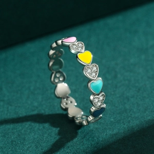 S925 sterling silver ring with colorful enamel hearts and sparkling zircon stones