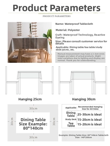 Size guide for waterproof linen-look tablecloth with measurement and drop length recommendations