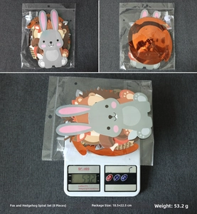 Detail view of 8pcs forest animal party swirls packaging with weight 53.2g and size 18.5x22.5cm