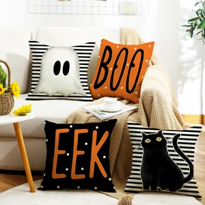 Halloween Throw Pillow Covers Decorative Linen Cushion Cases Ghost Black Cat Patterns For Sofa Couch Living Room Decor