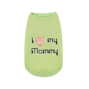 Detail of green cotton dog vest featuring a red heart and I love my Mommy print