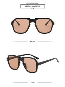 Detailed front and side view of black vintage geometric sunglasses with champagne lenses