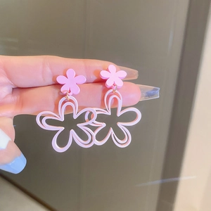 Pink Hollow Flower Dangle Earrings With Silver Earring Post Sweet Floral Fashion Jewelry For Women