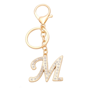Golden letter M keychain with sparkling crystal rhinestones for handbags and keys