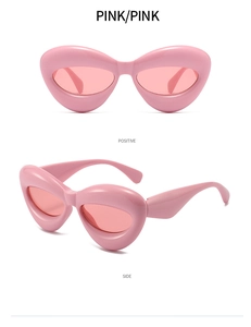 Pink inflated cat-eye sunglasses featuring a chunky frame design from front and side views