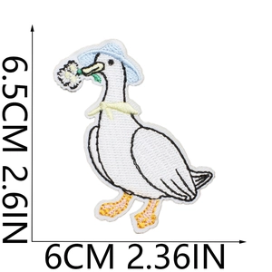 Detailed view of white goose embroidery patch with precise size markings 6.5x6cm