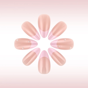 French press-on nails in nude with pink tips and 3D pearls in floral layout