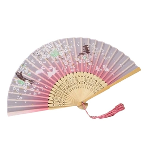 Chinese style folding fan with pink cherry blossoms, white rabbit, and pink tassel
