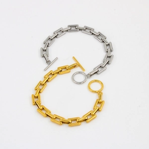 Gold and silver polished stainless steel rectangle link bracelets with OT toggle clasps