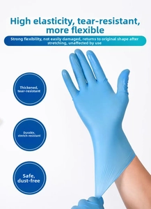 Close-up of blue disposable nitrile glove being stretched to show high elastic durability