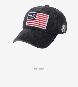 Detail of USA side embroidery on washed cotton baseball cap with American flag patch